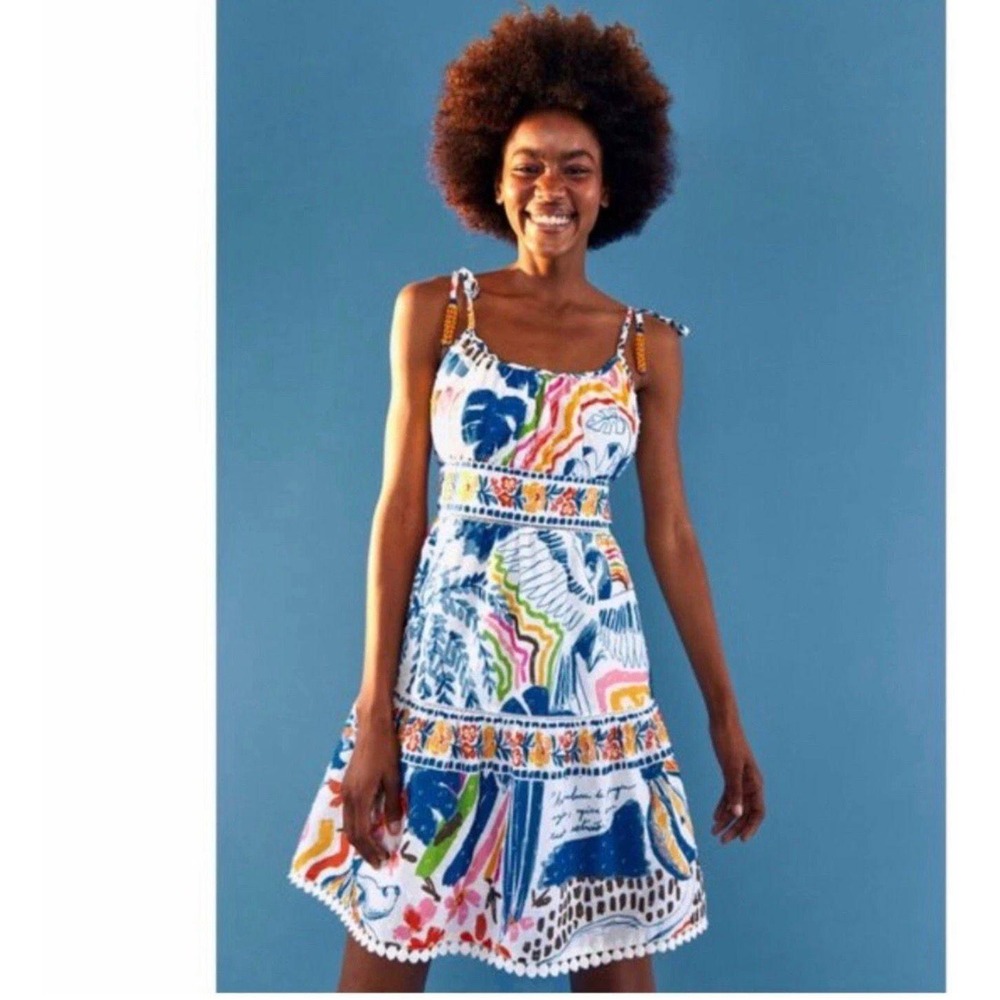 Farm Rio Style Colorful Tropical Mini Dress | Tie Strap Summerโ Dressc- Size M